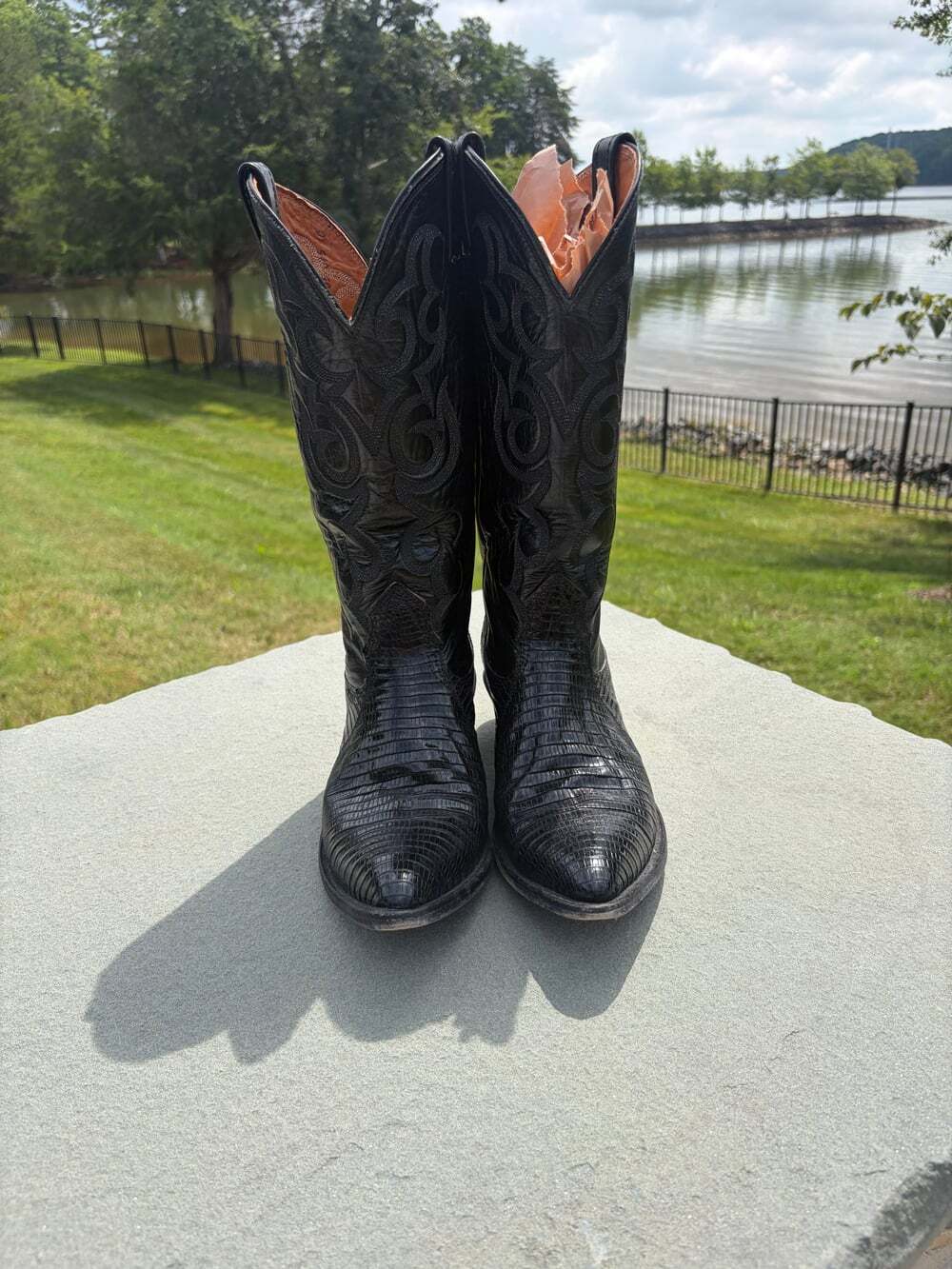 Vintage Nocona Black Lizard Print Leather Cowboy Boots USA Lizard Print Women's